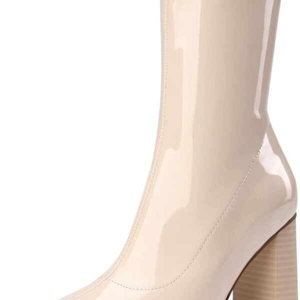 Women's Square Toe  Boots Elastic Ankle Boots High Chunky Block Heel Mid Calf Boots