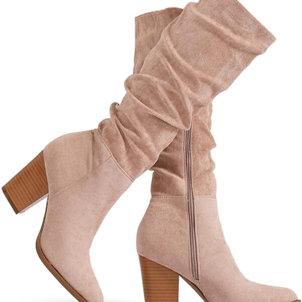 Women's Pointed Toe Knee High Boots Faux Suede Slouch Boots with Chunky Heel