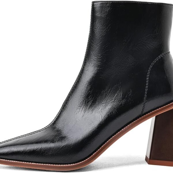 Womens Ankle Boots Chunky Mid Heel Booties Retro Square Pointed Toe Side Zipper Short Boots Heeled Shoes for Women Fall Winter