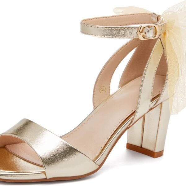 Women's bow high-heeled sandals, chunky heel single strap satin ankle strap buckle dress/wedding shoes