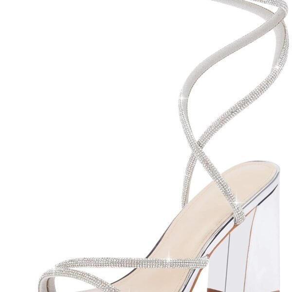 Women's Lace-Up Chunky Heel Rhinestone Sandals, Square Toe Open-Toe High Heels, Chunky Heels for Weddings