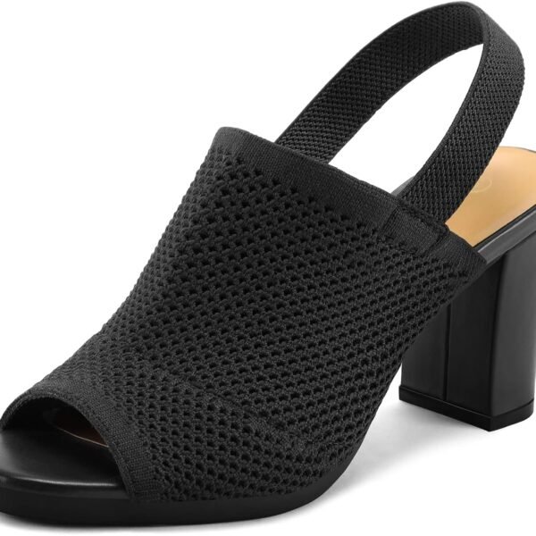 Women's knitted chunky heels, elastic back-lace-up open-toe sandals, 3-inch heel