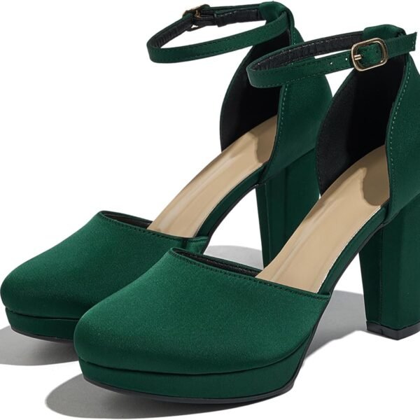 Women's High Block Heels Pumps Round Closed Toe Ankle Strap Dress Wedding Shoes