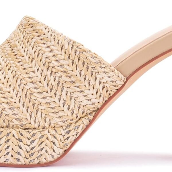 Women's raffia high-heeled sandals, platform wedge heel, slip-on chunky heel, elegant summer open-toe chunky heel resort beach mules