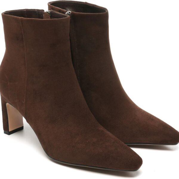 Brown Suede Ankle Boots for Women Pointed Toe Chunky High Heeled Booties Fall Dressy Short Boots with Zipper