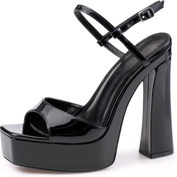 Black/burgundy platform chunky heel sandals, open-toe round toe 4-inch high heel sandals with ankle buckle